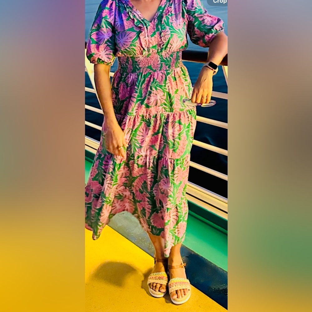 Meadow Rhodes bohemian green and pink floral maxi dress M